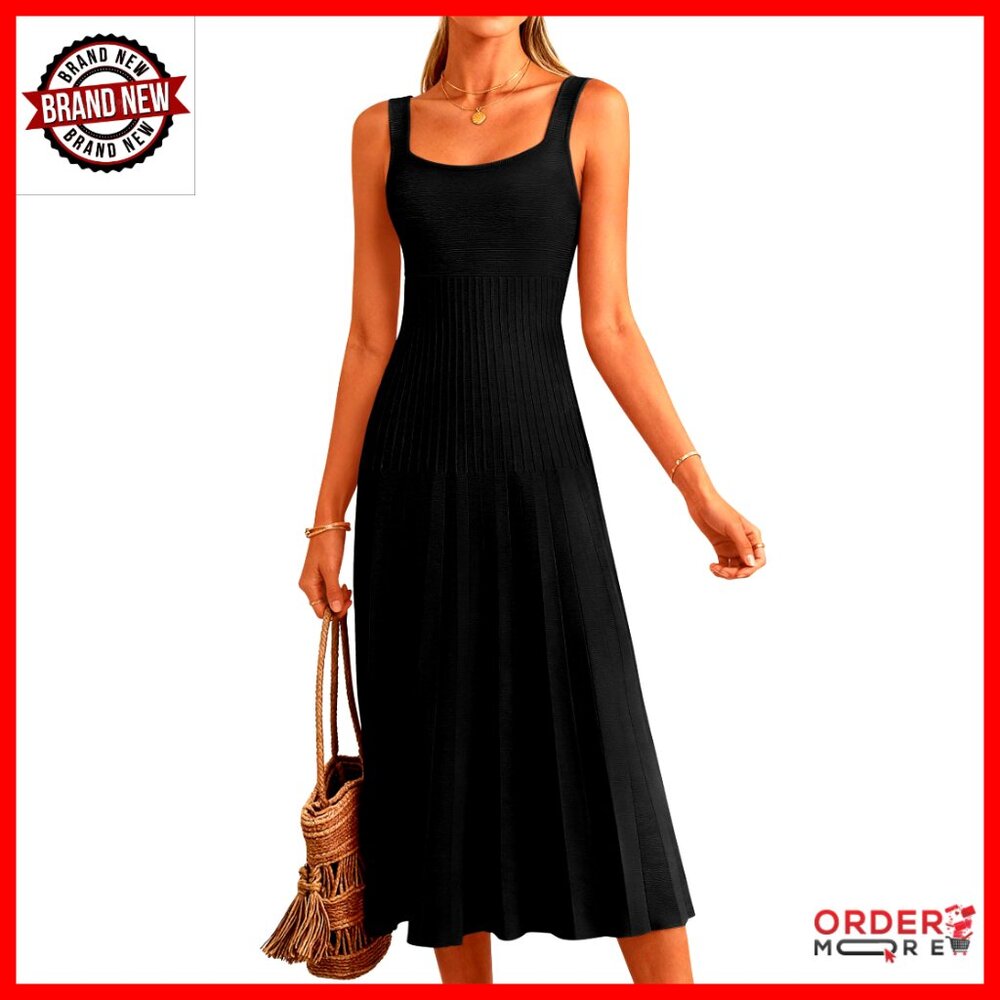 Sleeveless Square Neck A-Line Midi Dress Pleated Cocktail Party Elegant